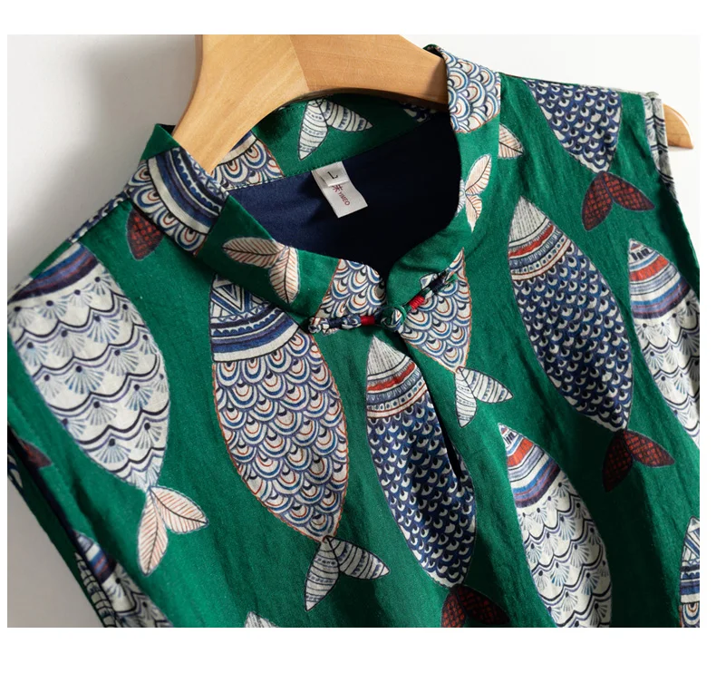 Fish Plaid Print Vintage Cotton Linen O-Neck Sleeveless A-Line Loose Women's Dress Korean Fashion Mid-Calf Dresses For Women