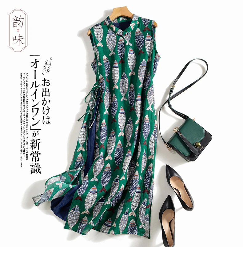 Fish Plaid Print Vintage Cotton Linen O-Neck Sleeveless A-Line Loose Women's Dress Korean Fashion Mid-Calf Dresses For Women