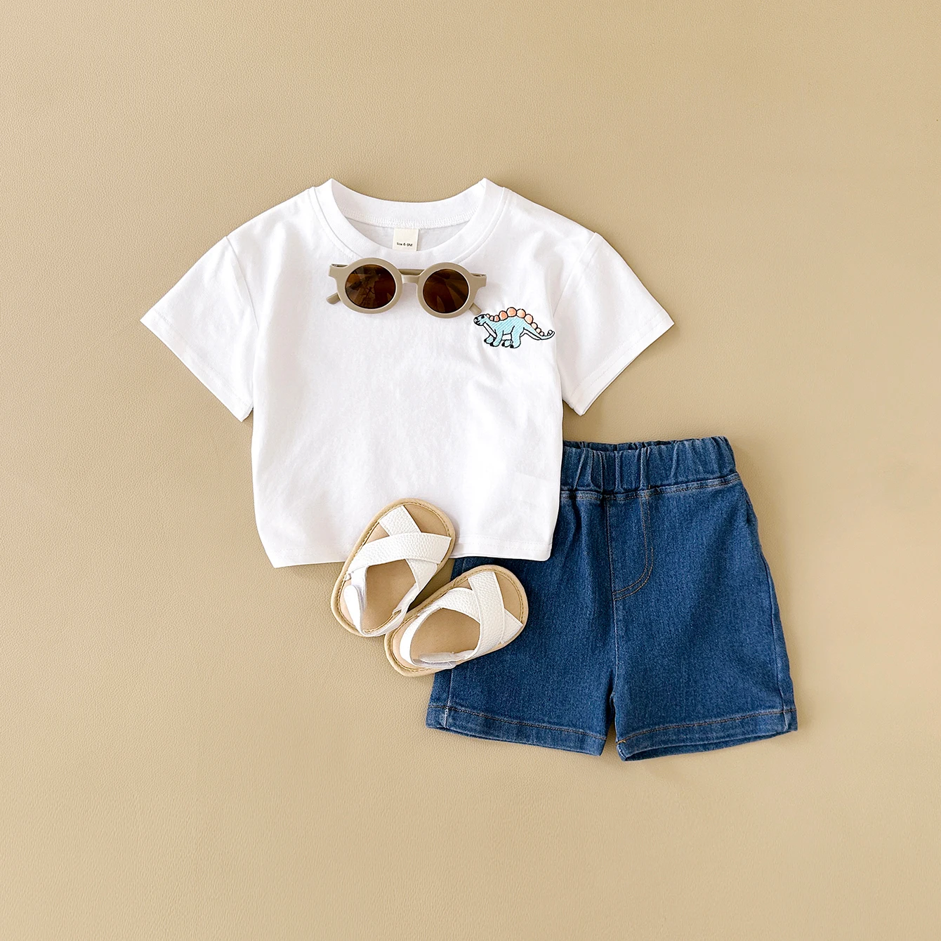 2024 Summer Boys Clothes Boys Girls Outfit Set Casual Leisure Dinosaur Embroidered T-shirt+denim Shorts 2PCS for 0-3Y Childrens