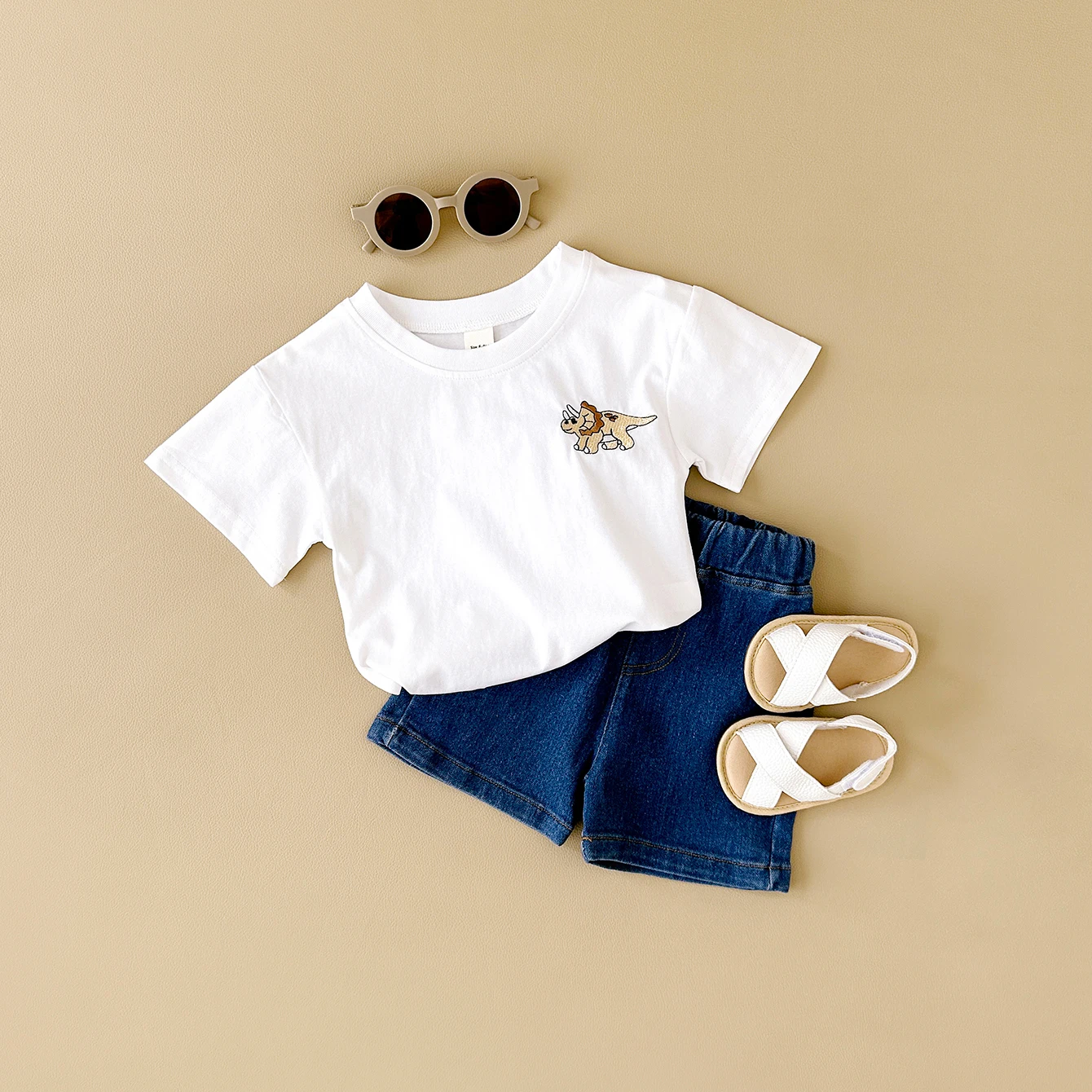 2024 Summer Boys Clothes Boys Girls Outfit Set Casual Leisure Dinosaur Embroidered T-shirt+denim Shorts 2PCS for 0-3Y Childrens