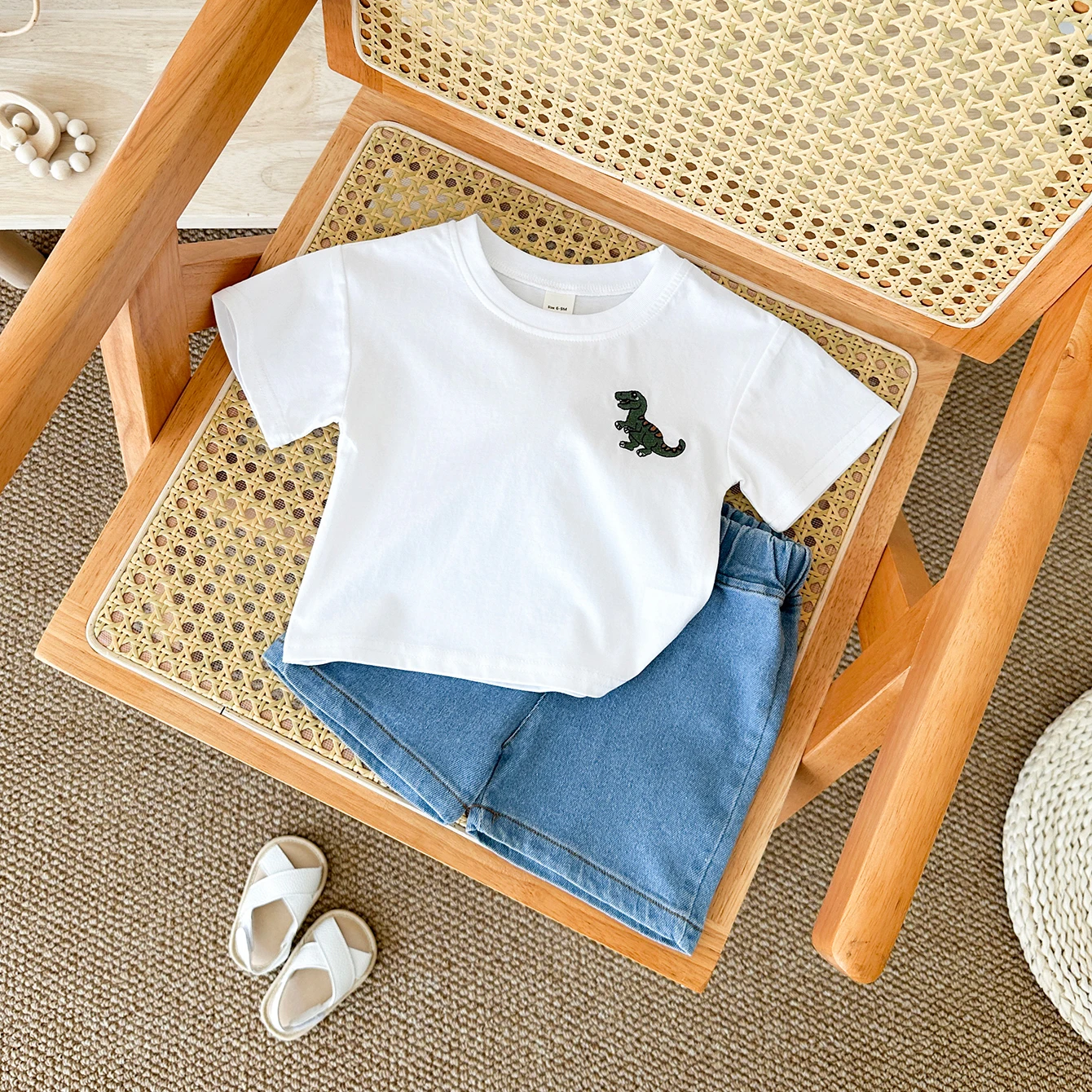 2024 Summer Boys Clothes Boys Girls Outfit Set Casual Leisure Dinosaur Embroidered T-shirt+denim Shorts 2PCS for 0-3Y Childrens