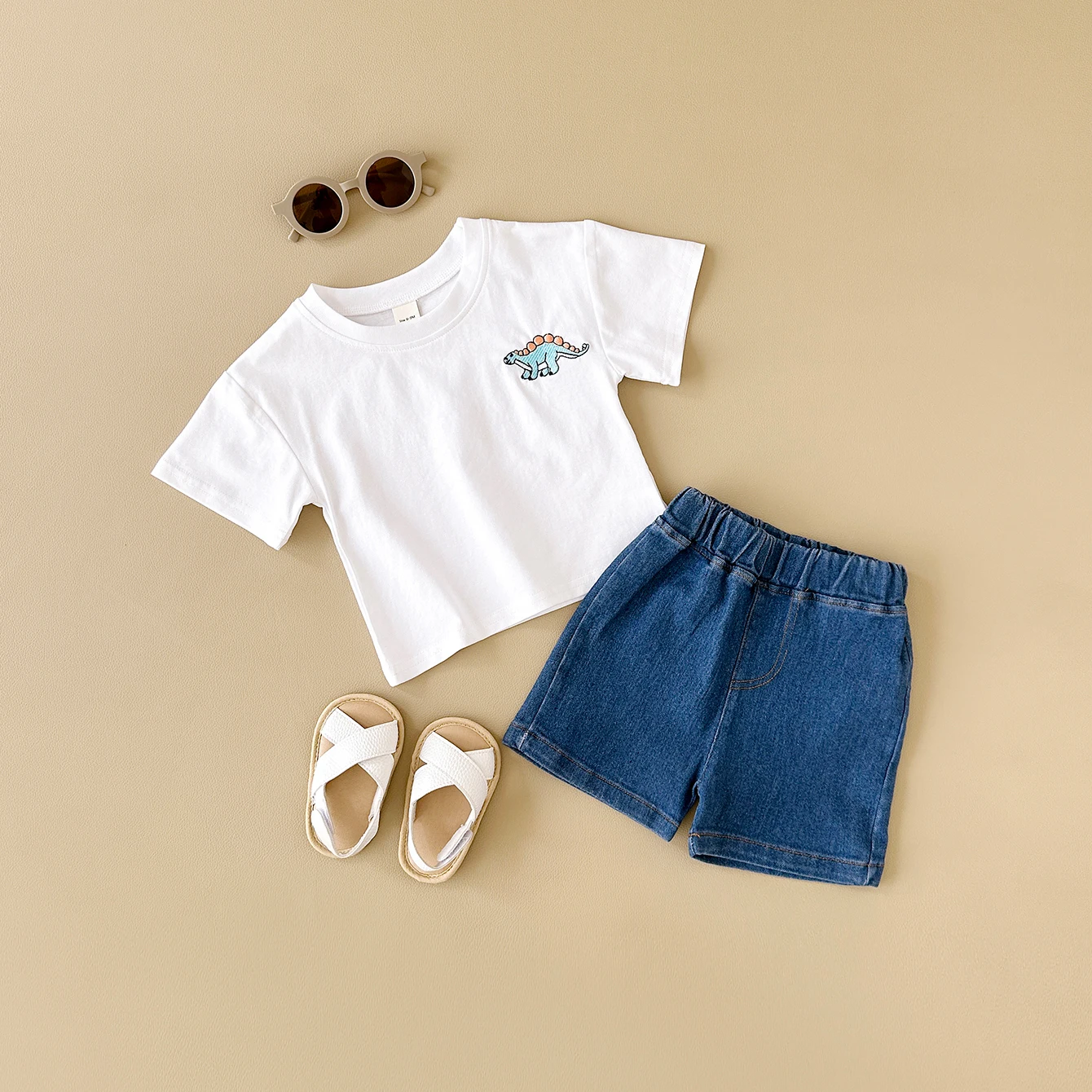 2024 Summer Boys Clothes Boys Girls Outfit Set Casual Leisure Dinosaur Embroidered T-shirt+denim Shorts 2PCS for 0-3Y Childrens