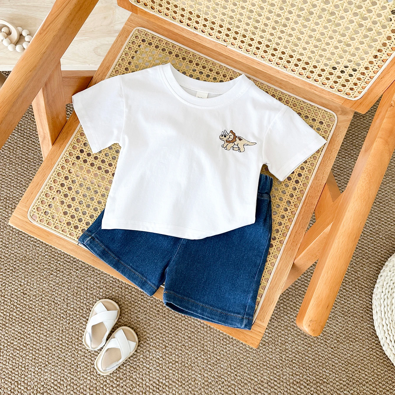 2024 Summer Boys Clothes Boys Girls Outfit Set Casual Leisure Dinosaur Embroidered T-shirt+denim Shorts 2PCS for 0-3Y Childrens