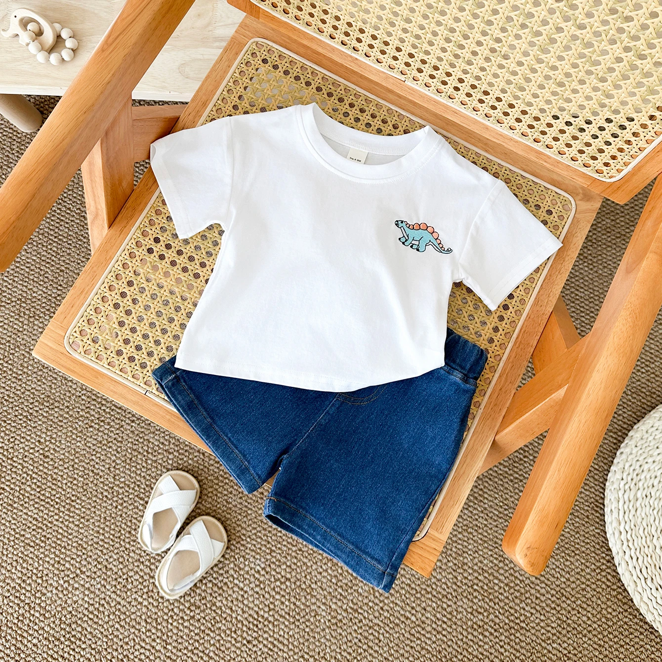 2024 Summer Boys Clothes Boys Girls Outfit Set Casual Leisure Dinosaur Embroidered T-shirt+denim Shorts 2PCS for 0-3Y Childrens