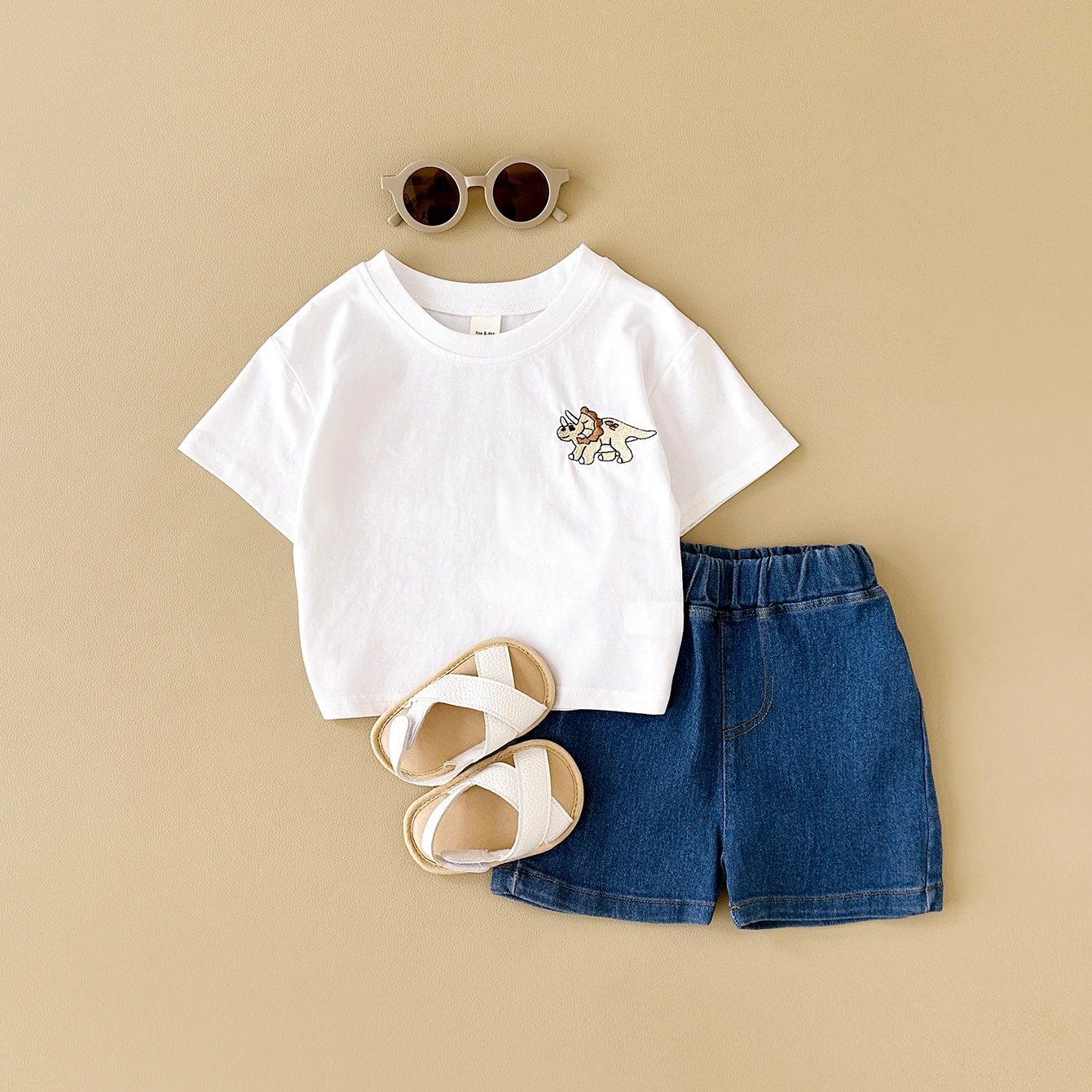2024 Summer Boys Clothes Boys Girls Outfit Set Casual Leisure Dinosaur Embroidered T-shirt+denim Shorts 2PCS for 0-3Y Childrens
