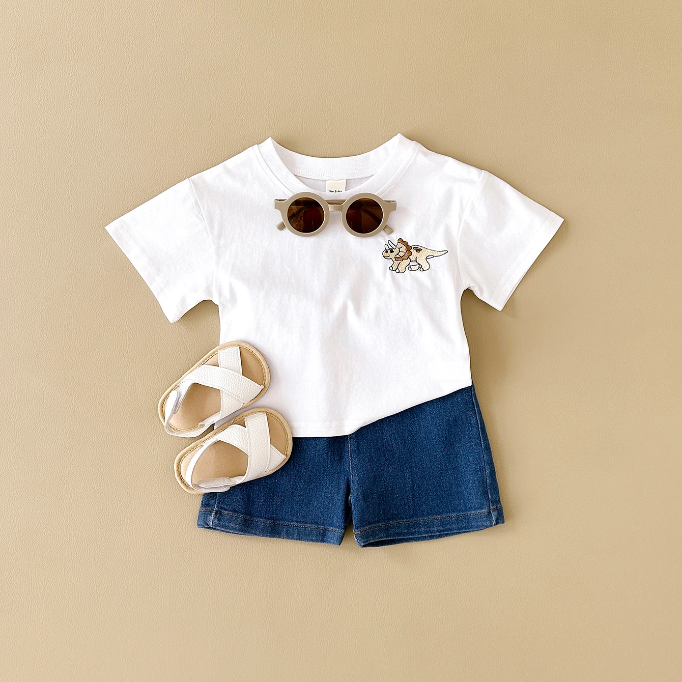 2024 Summer Boys Clothes Boys Girls Outfit Set Casual Leisure Dinosaur Embroidered T-shirt+denim Shorts 2PCS for 0-3Y Childrens