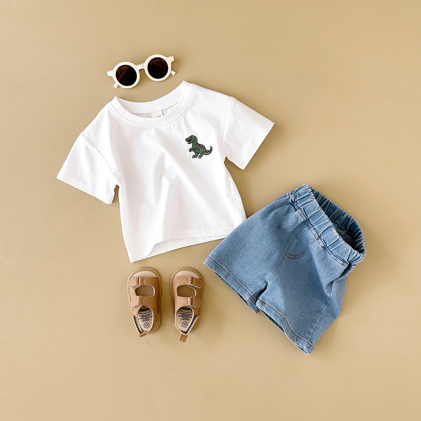 2024 Summer Boys Clothes Boys Girls Outfit Set Casual Leisure Dinosaur Embroidered T-shirt+denim Shorts 2PCS for 0-3Y Childrens