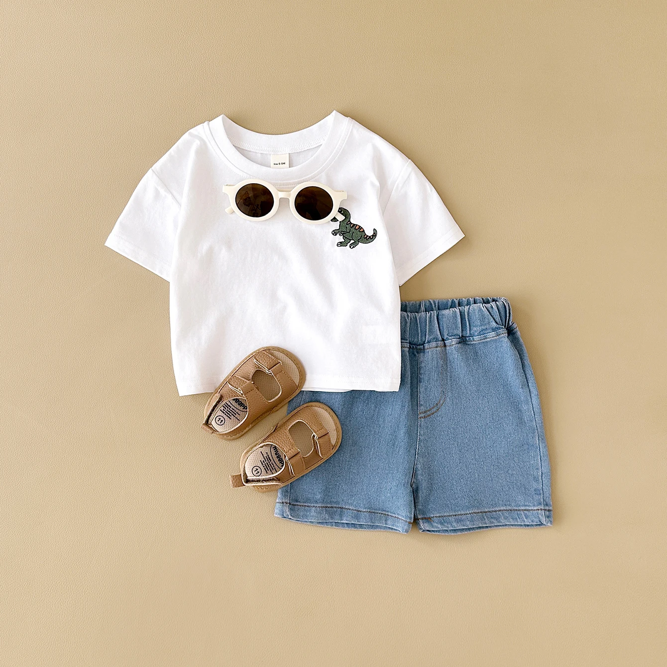 2024 Summer Boys Clothes Boys Girls Outfit Set Casual Leisure Dinosaur Embroidered T-shirt+denim Shorts 2PCS for 0-3Y Childrens