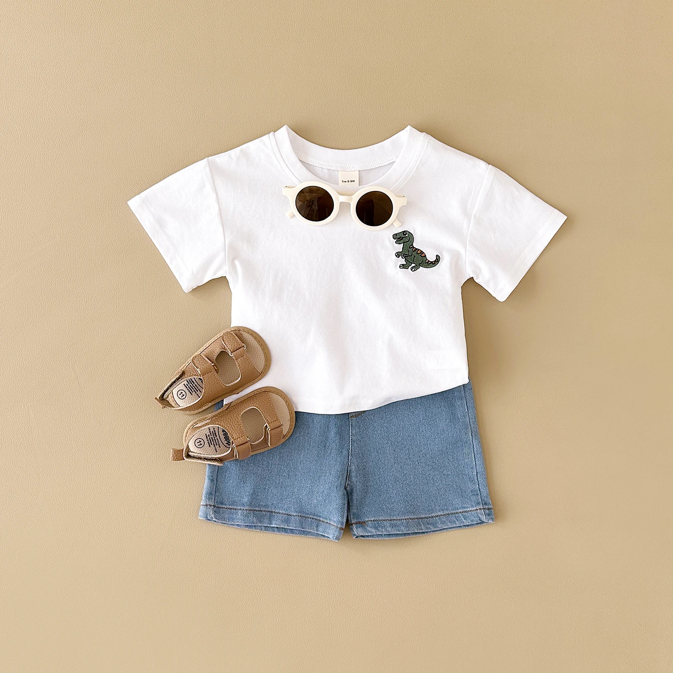 2024 Summer Boys Clothes Boys Girls Outfit Set Casual Leisure Dinosaur Embroidered T-shirt+denim Shorts 2PCS for 0-3Y Childrens