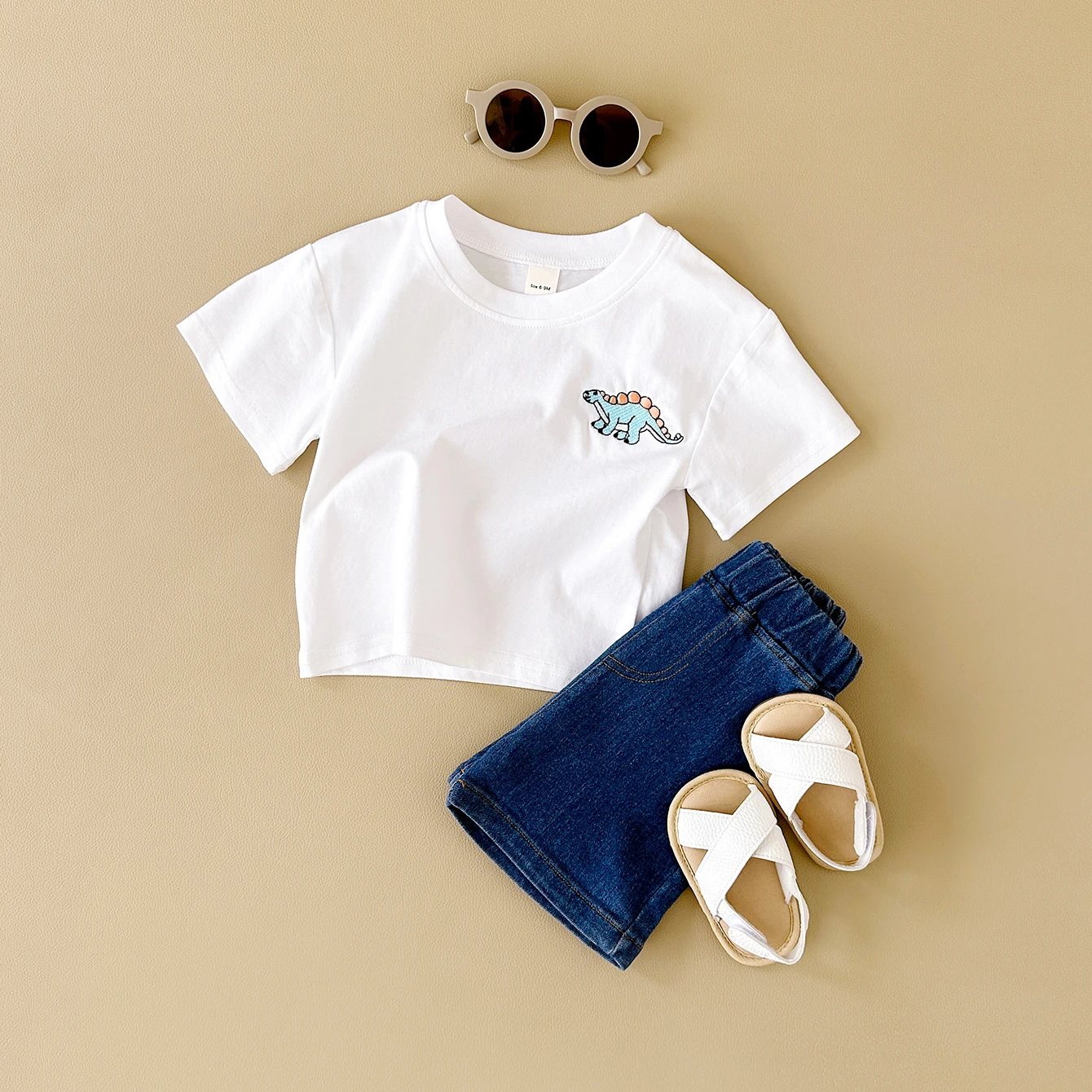 2024 Summer Boys Clothes Boys Girls Outfit Set Casual Leisure Dinosaur Embroidered T-shirt+denim Shorts 2PCS for 0-3Y Childrens