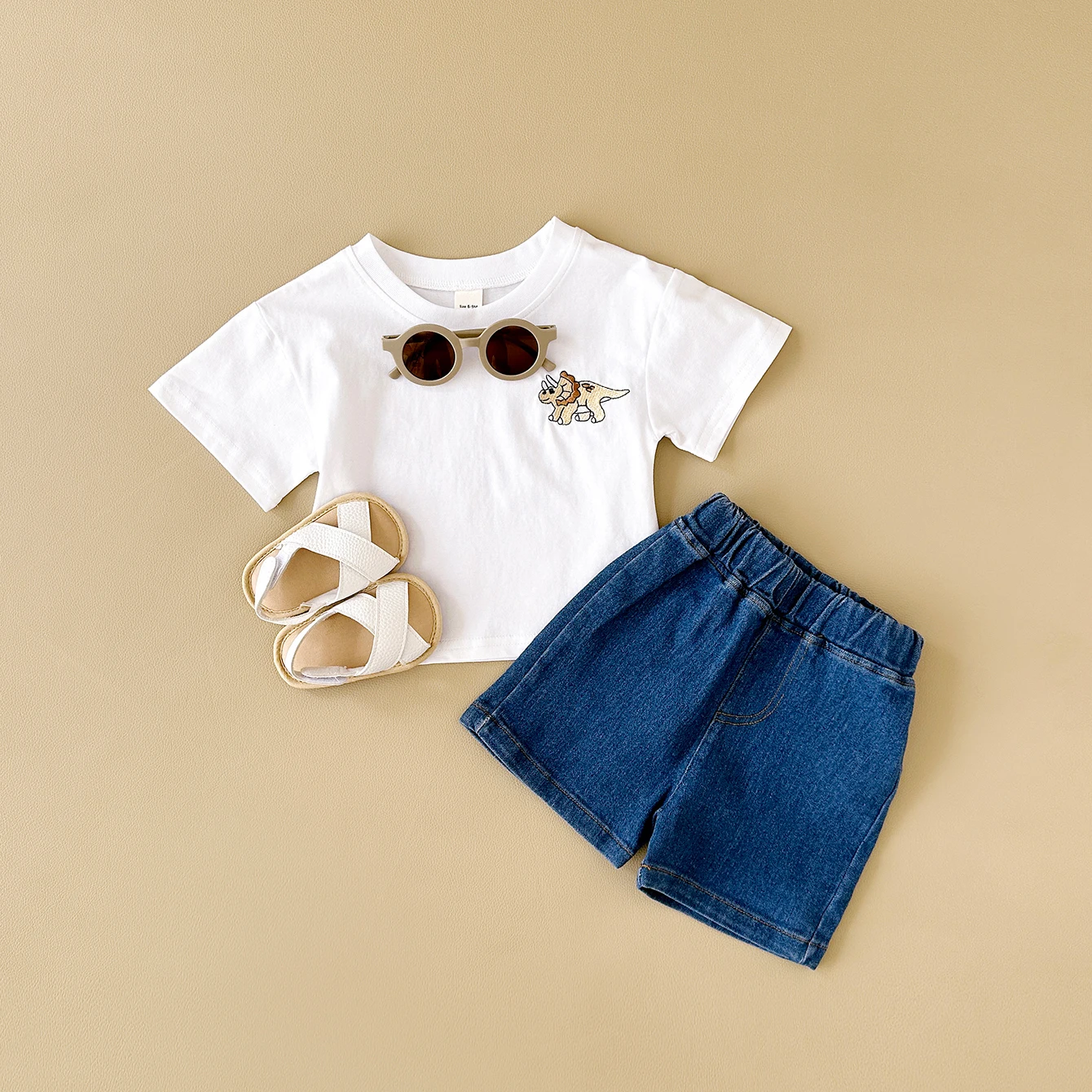 2024 Summer Boys Clothes Boys Girls Outfit Set Casual Leisure Dinosaur Embroidered T-shirt+denim Shorts 2PCS for 0-3Y Childrens