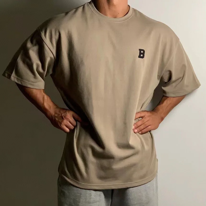 Summer Short Sleeved Men's Sports Fitness Training Wear Casual Large Size Loose T-shirt Off Heavy Cotton Short Sleeved Shoulder