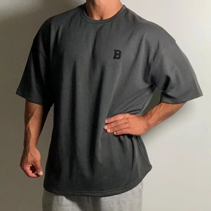 Summer Short Sleeved Men's Sports Fitness Training Wear Casual Large Size Loose T-shirt Off Heavy Cotton Short Sleeved Shoulder