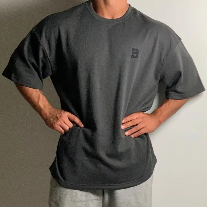 Summer Short Sleeved Men's Sports Fitness Training Wear Casual Large Size Loose T-shirt Off Heavy Cotton Short Sleeved Shoulder