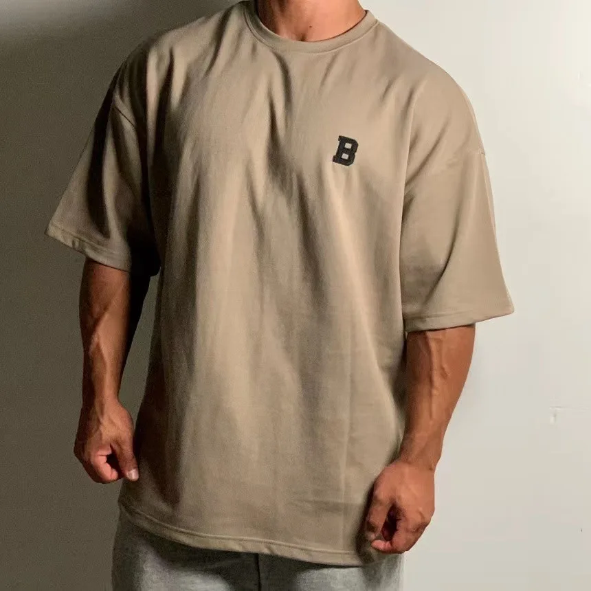 Summer Short Sleeved Men's Sports Fitness Training Wear Casual Large Size Loose T-shirt Off Heavy Cotton Short Sleeved Shoulder