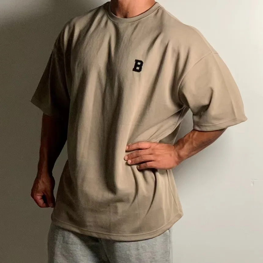 Summer Short Sleeved Men's Sports Fitness Training Wear Casual Large Size Loose T-shirt Off Heavy Cotton Short Sleeved Shoulder