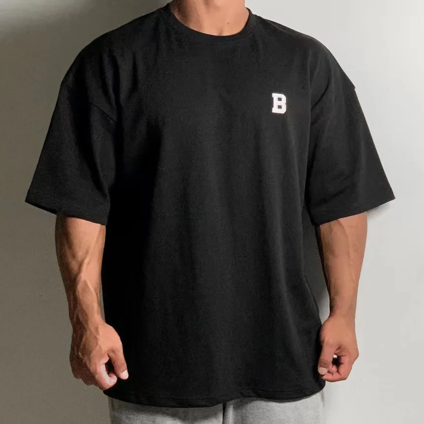 Summer Short Sleeved Men's Sports Fitness Training Wear Casual Large Size Loose T-shirt Off Heavy Cotton Short Sleeved Shoulder