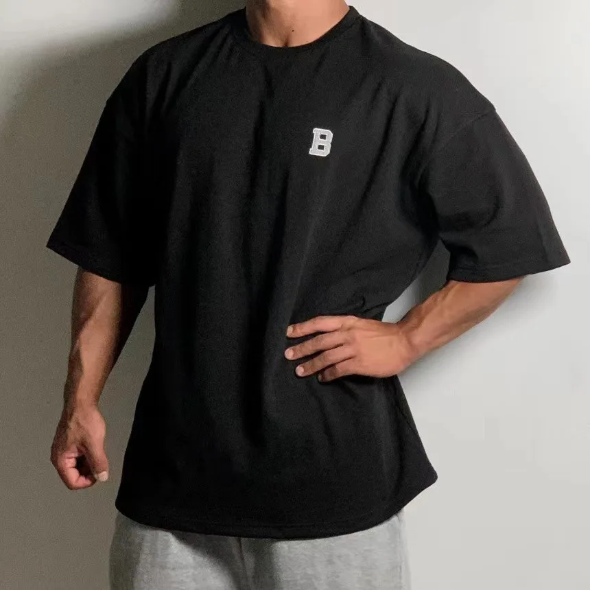 Summer Short Sleeved Men's Sports Fitness Training Wear Casual Large Size Loose T-shirt Off Heavy Cotton Short Sleeved Shoulder