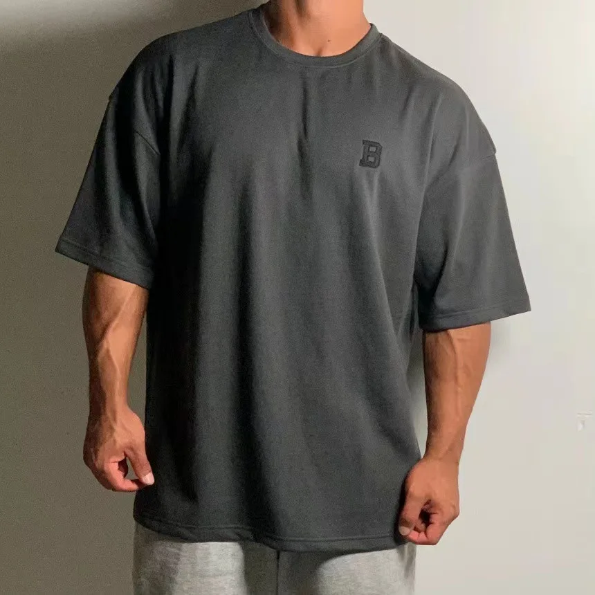 Summer Short Sleeved Men's Sports Fitness Training Wear Casual Large Size Loose T-shirt Off Heavy Cotton Short Sleeved Shoulder