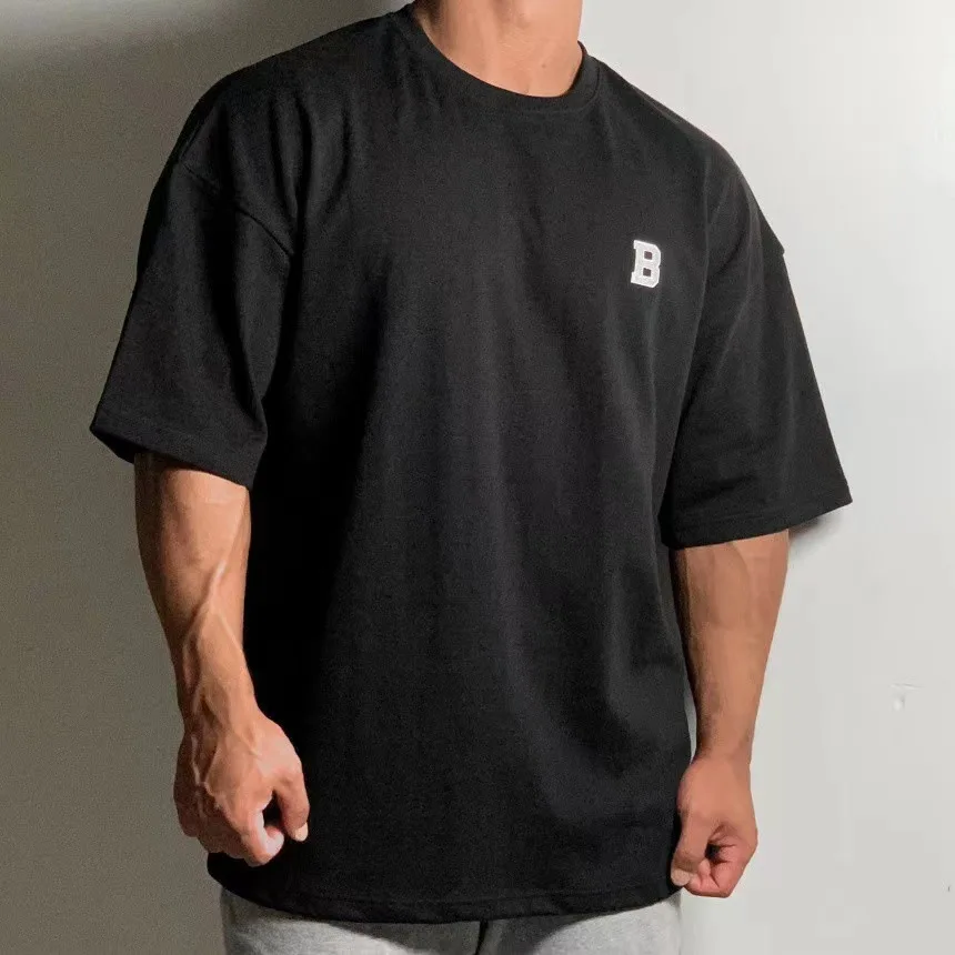 Summer Short Sleeved Men's Sports Fitness Training Wear Casual Large Size Loose T-shirt Off Heavy Cotton Short Sleeved Shoulder