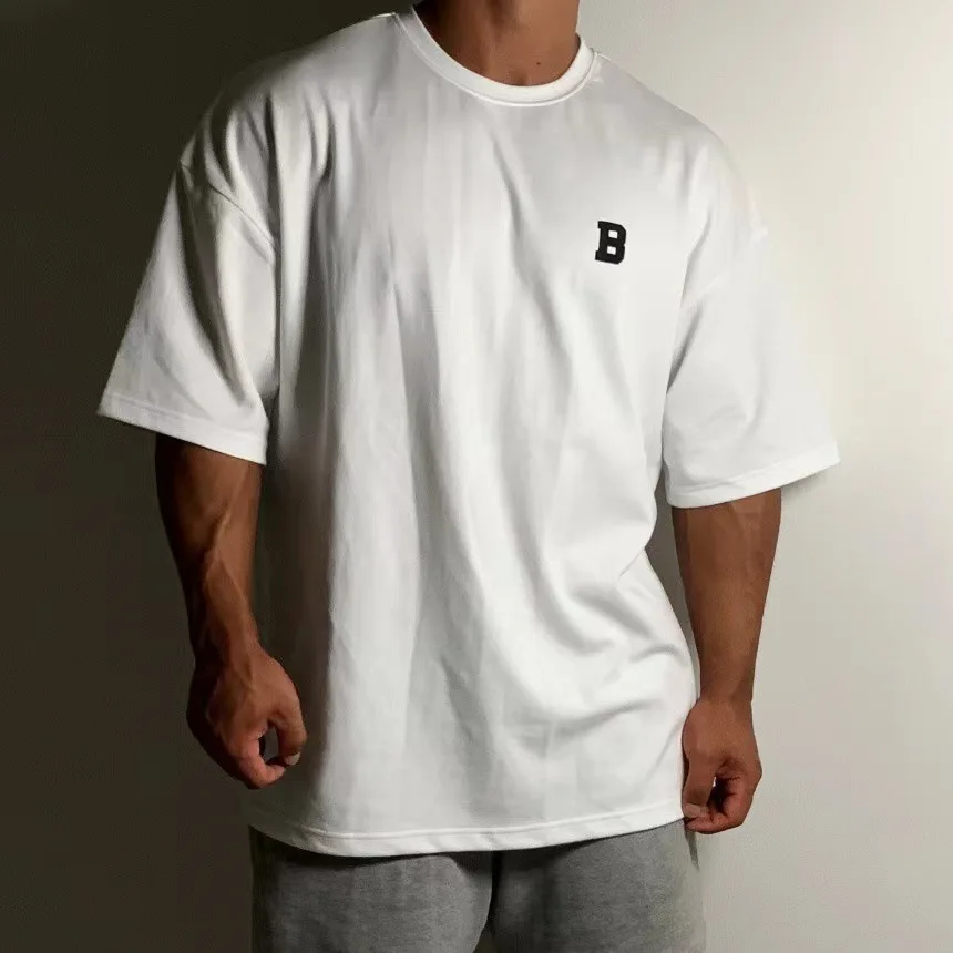 Summer Short Sleeved Men's Sports Fitness Training Wear Casual Large Size Loose T-shirt Off Heavy Cotton Short Sleeved Shoulder