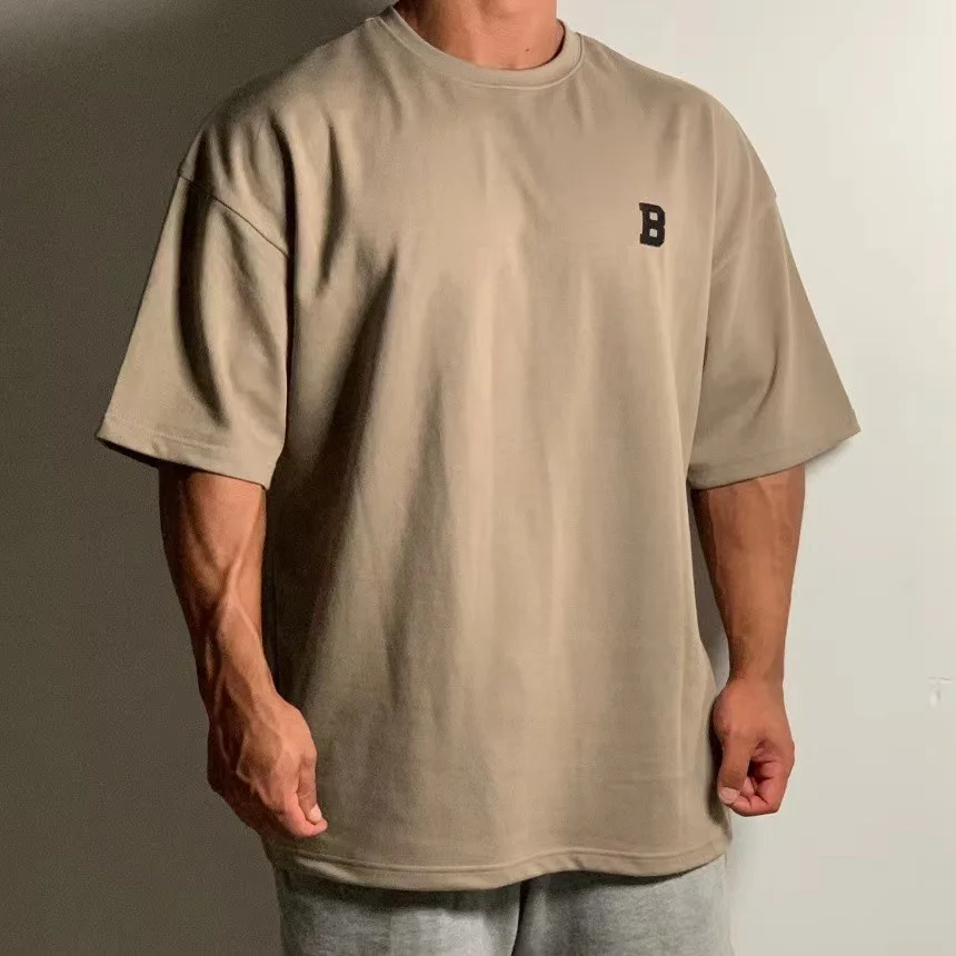 Summer Short Sleeved Men's Sports Fitness Training Wear Casual Large Size Loose T-shirt Off Heavy Cotton Short Sleeved Shoulder