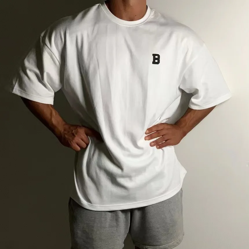 Summer Short Sleeved Men's Sports Fitness Training Wear Casual Large Size Loose T-shirt Off Heavy Cotton Short Sleeved Shoulder