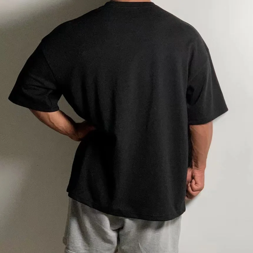 Summer Short Sleeved Men's Sports Fitness Training Wear Casual Large Size Loose T-shirt Off Heavy Cotton Short Sleeved Shoulder
