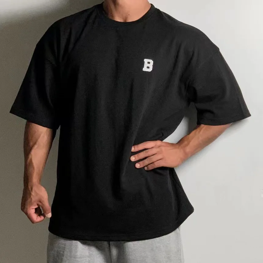 Summer Short Sleeved Men's Sports Fitness Training Wear Casual Large Size Loose T-shirt Off Heavy Cotton Short Sleeved Shoulder