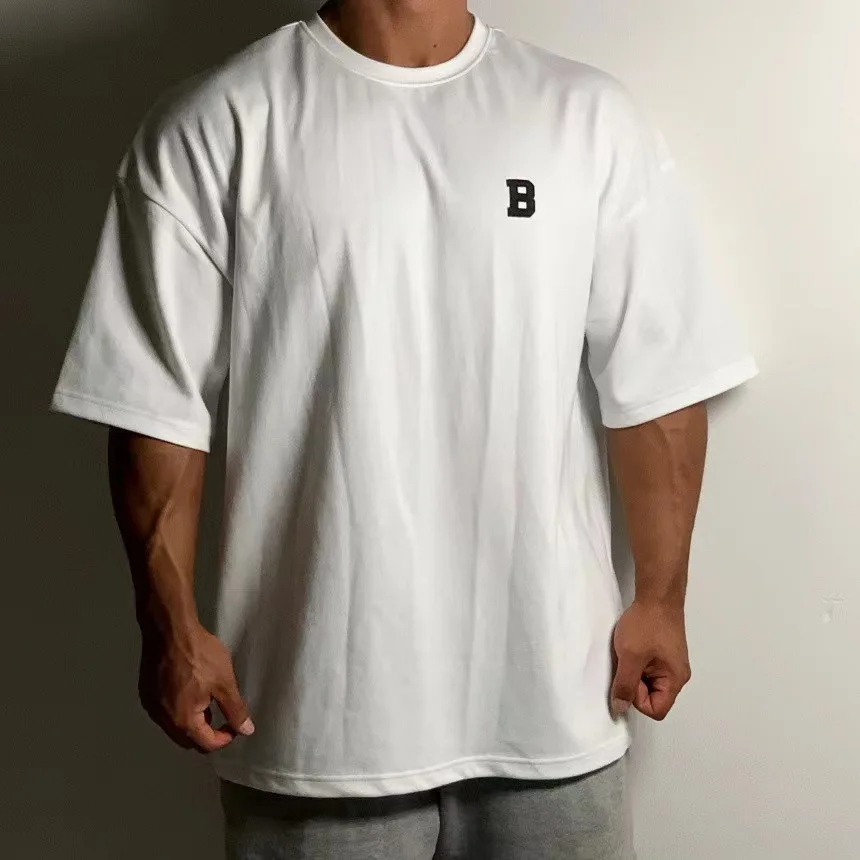 Summer Short Sleeved Men's Sports Fitness Training Wear Casual Large Size Loose T-shirt Off Heavy Cotton Short Sleeved Shoulder