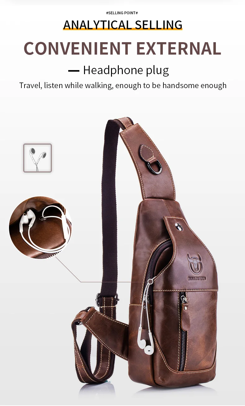 BULLCAPTAIN Genuine Leather Chest Bag Casual Triangle Crossbody Design Travel Shoulder Backpack Men Leather Multifunctional Bag
