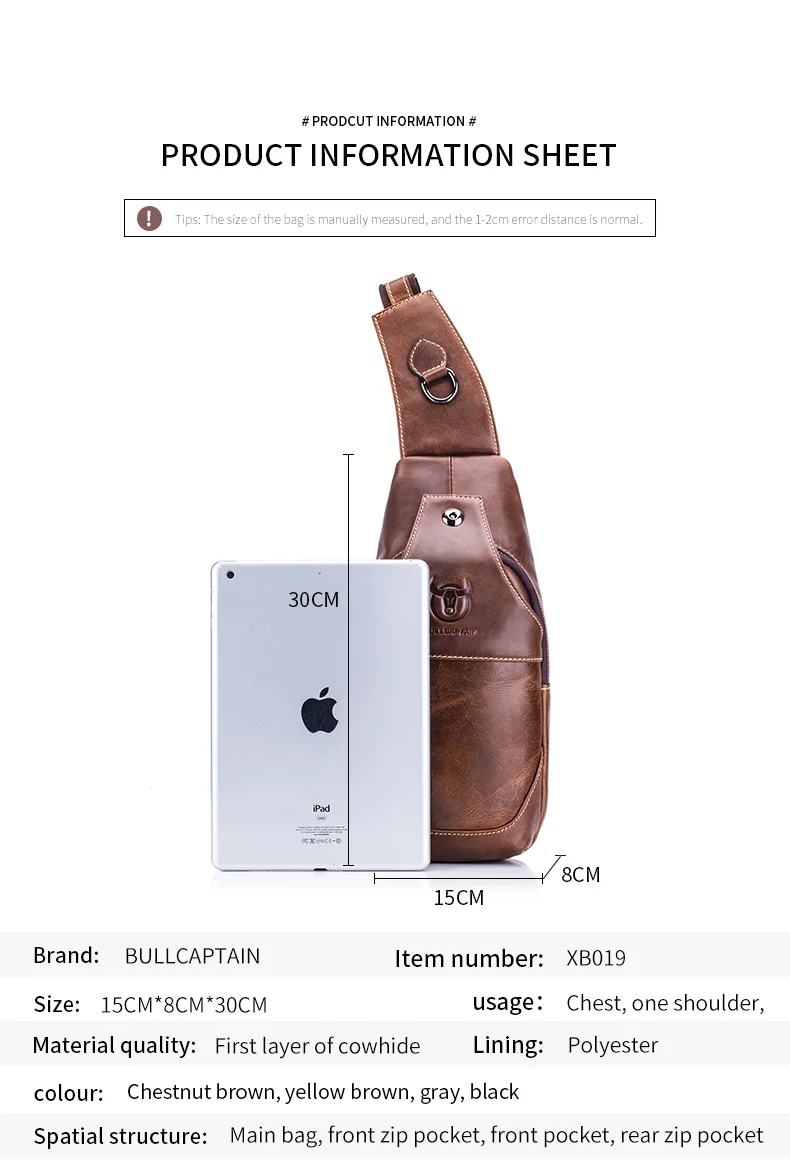 BULLCAPTAIN Genuine Leather Chest Bag Casual Triangle Crossbody Design Travel Shoulder Backpack Men Leather Multifunctional Bag