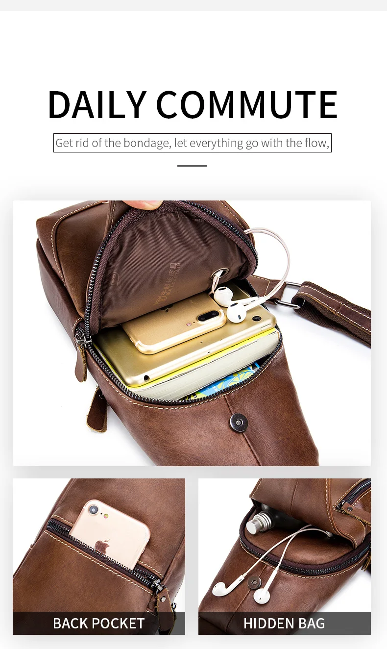 BULLCAPTAIN Genuine Leather Chest Bag Casual Triangle Crossbody Design Travel Shoulder Backpack Men Leather Multifunctional Bag
