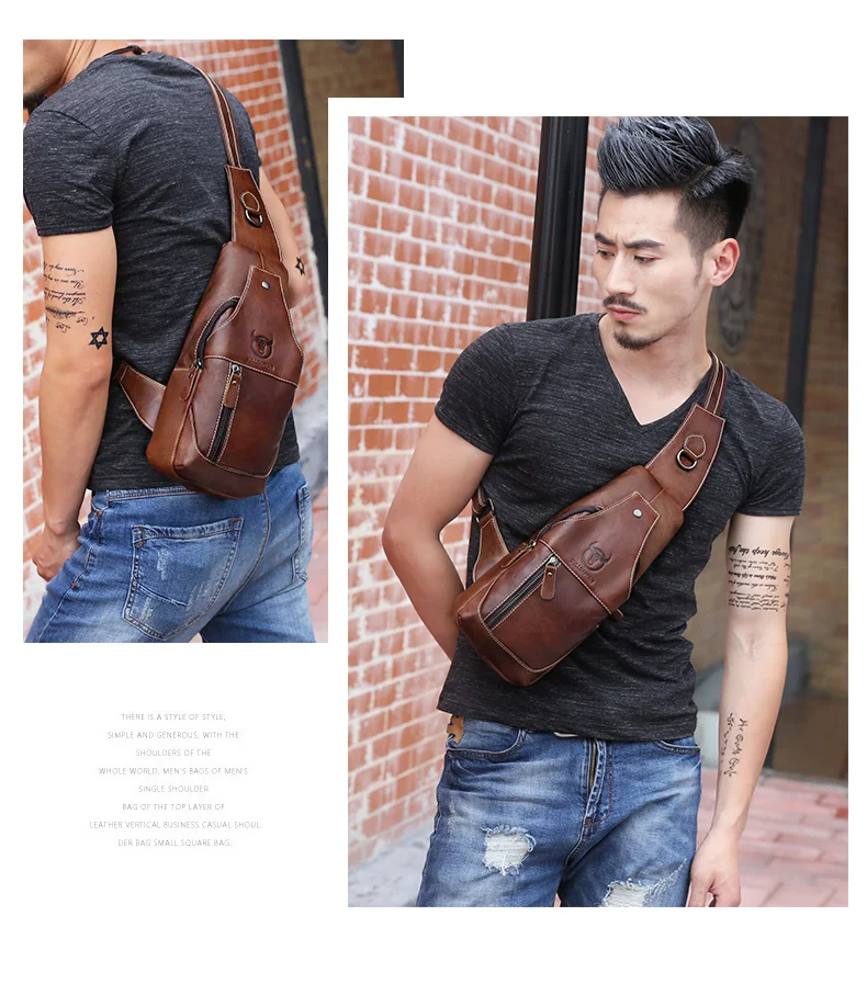 BULLCAPTAIN Genuine Leather Chest Bag Casual Triangle Crossbody Design Travel Shoulder Backpack Men Leather Multifunctional Bag