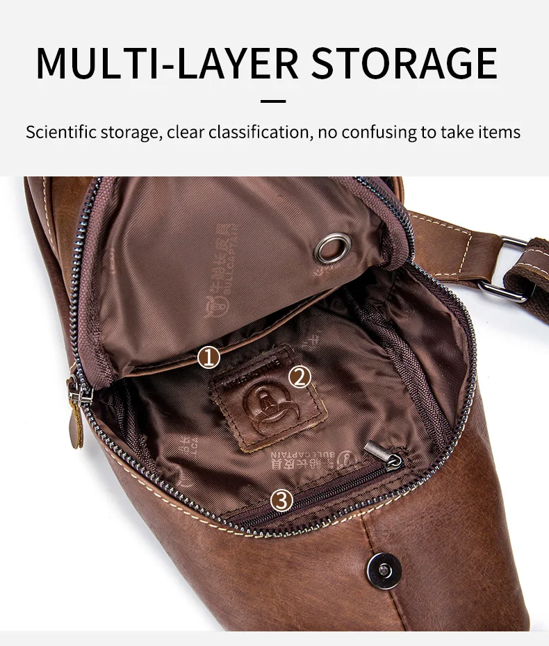 BULLCAPTAIN Genuine Leather Chest Bag Casual Triangle Crossbody Design Travel Shoulder Backpack Men Leather Multifunctional Bag