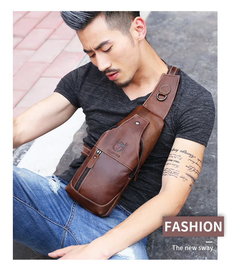 BULLCAPTAIN Genuine Leather Chest Bag Casual Triangle Crossbody Design Travel Shoulder Backpack Men Leather Multifunctional Bag