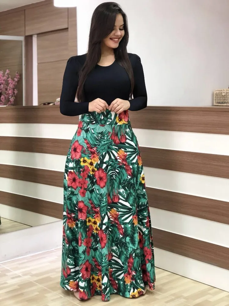 Autumn hot selling European and American flower color matching dresses, long dresses, women's clothing in stock