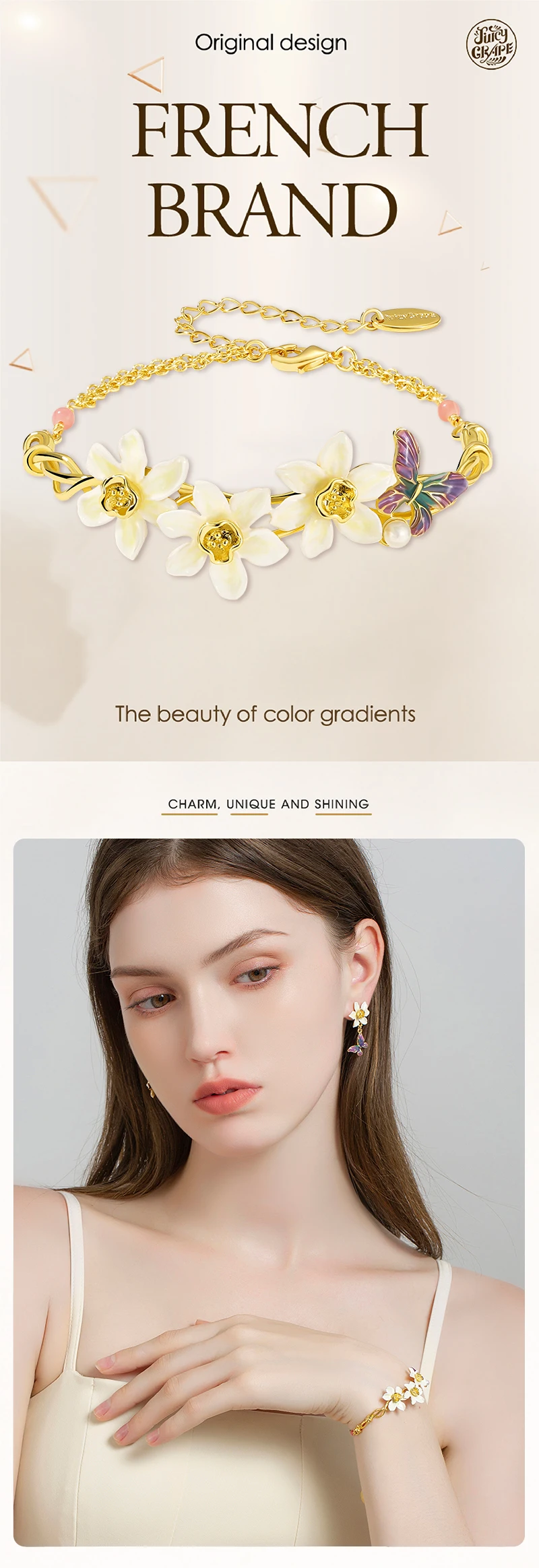 Juicy Grape Daffodil Butterfly Bracelets for Women 18K Gold Plated Enameled Craft Adjustable Chain Design Birthday Party Jewelry