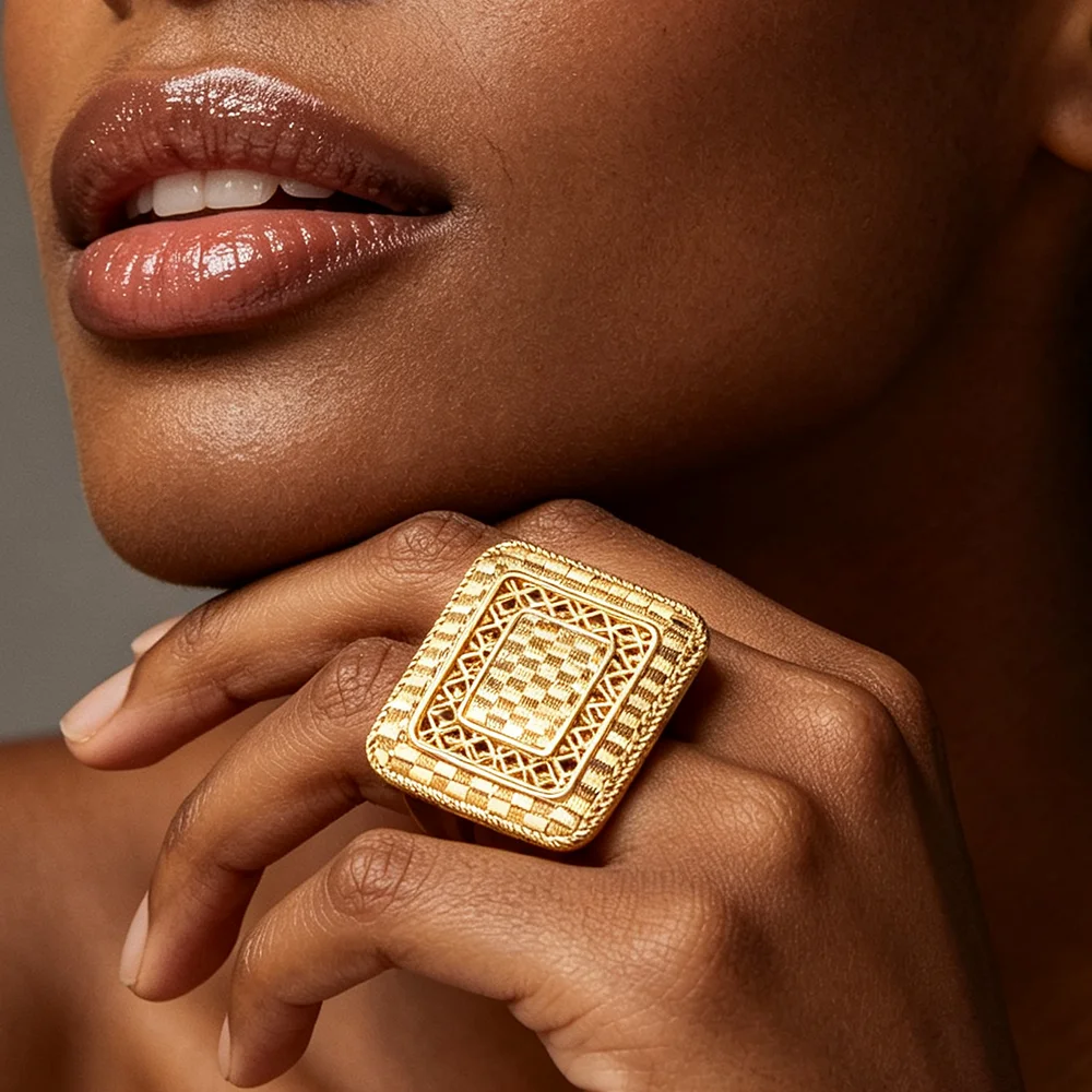 18K Gold Plated Square Grid Hollow Earrings Ring Set For Women Luxury Wedding Bridal Party Accessories Gift