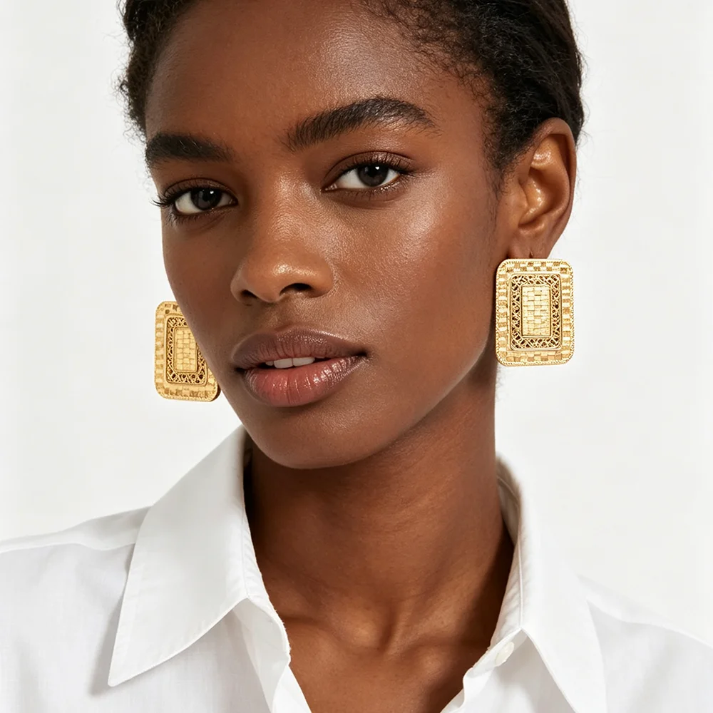 18K Gold Plated Square Grid Hollow Earrings Ring Set For Women Luxury Wedding Bridal Party Accessories Gift