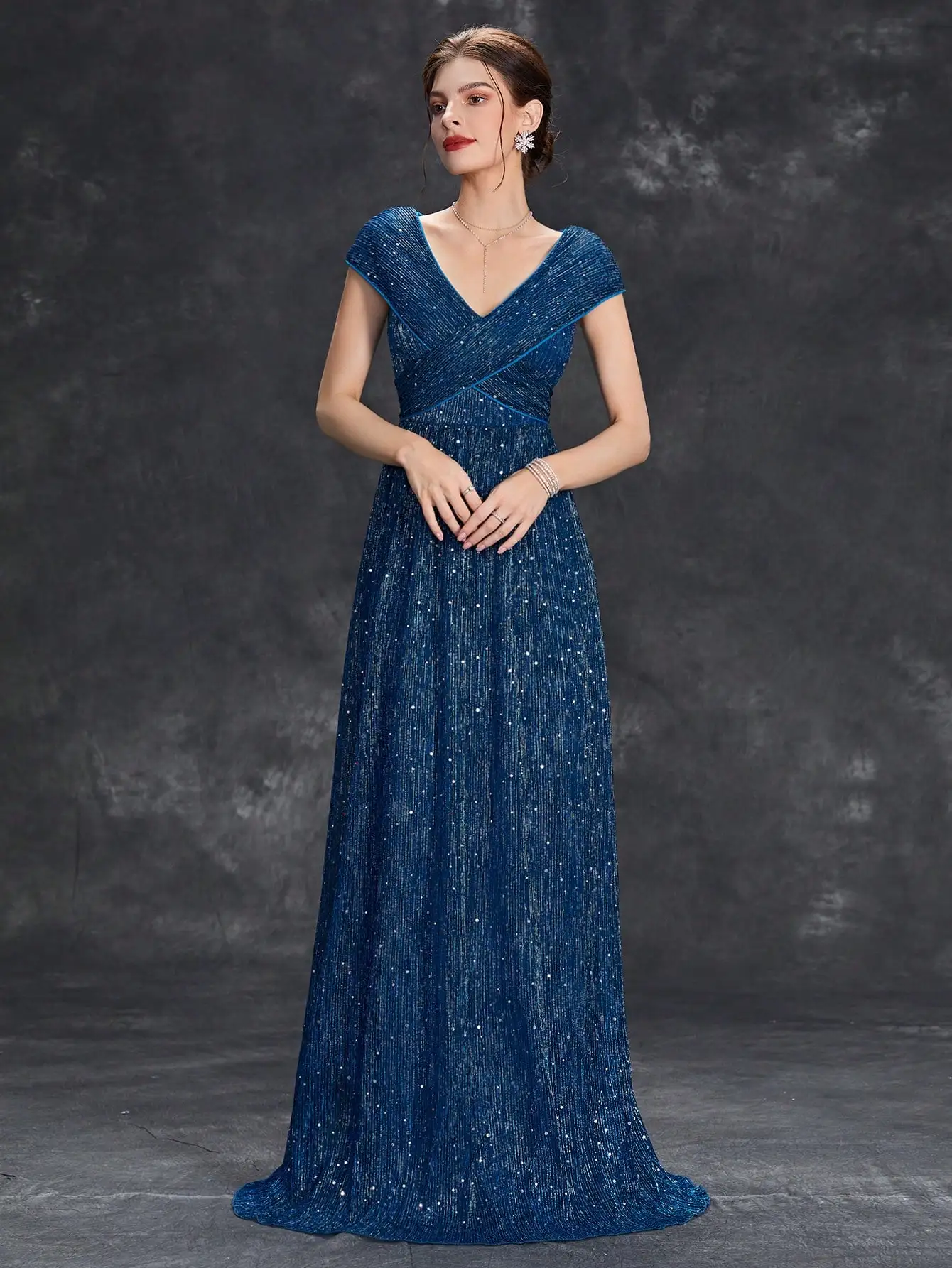 Mgiacy V-neck bag Rotator sleeve punch vertical strip mesh A full skirt Evening gown ball dress Party dress Bridesmaid dress