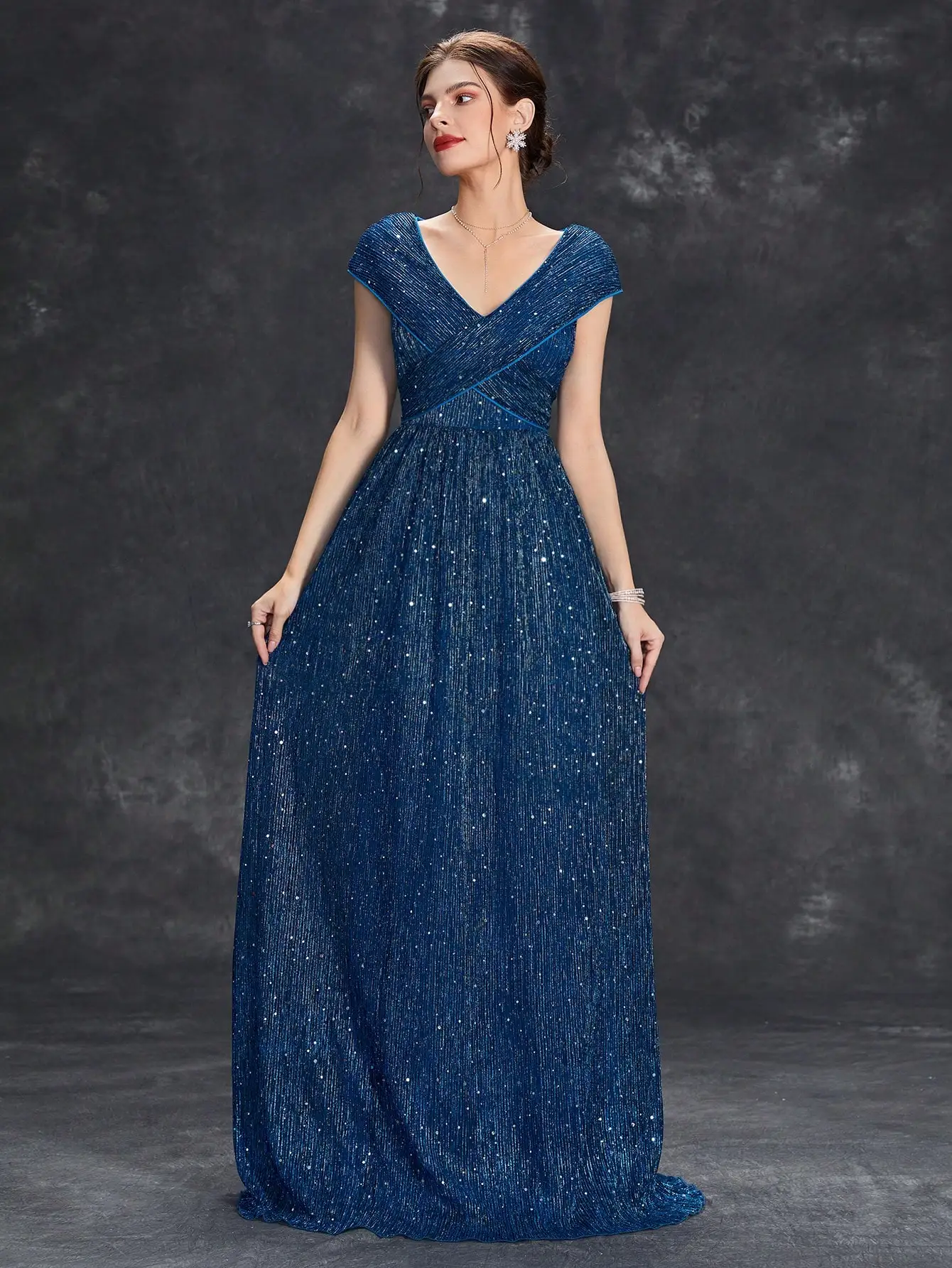 Mgiacy V-neck bag Rotator sleeve punch vertical strip mesh A full skirt Evening gown ball dress Party dress Bridesmaid dress