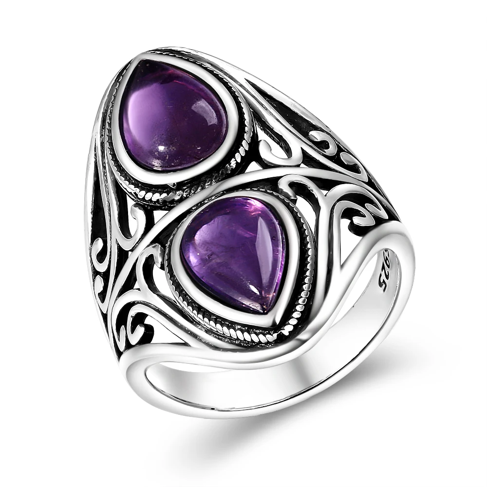 Charms 6x9MM Natural Amethyst S925 Silver Rings Women's Jewelry Vintage Ring Anniversary Party Gifts For Women