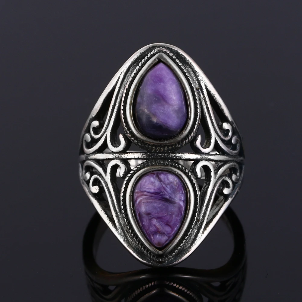 Charms 6x9MM Natural Amethyst S925 Silver Rings Women's Jewelry Vintage Ring Anniversary Party Gifts For Women