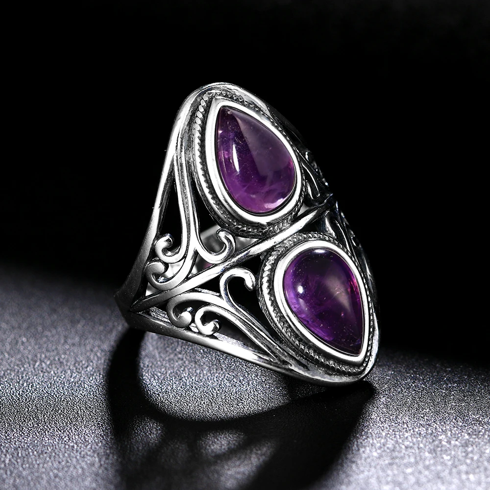 Charms 6x9MM Natural Amethyst S925 Silver Rings Women's Jewelry Vintage Ring Anniversary Party Gifts For Women