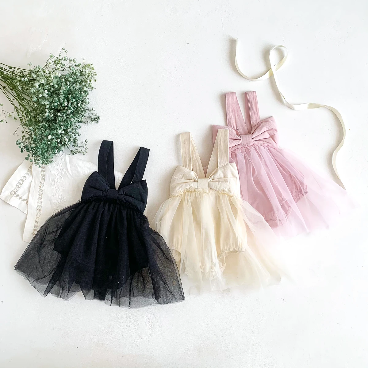 0-2 Years Old Baby Girls INS Ballet Romper Mesh Dress Big Bow Tie Jumpsuit Cute Kids Bodysuit Fashion Clothes