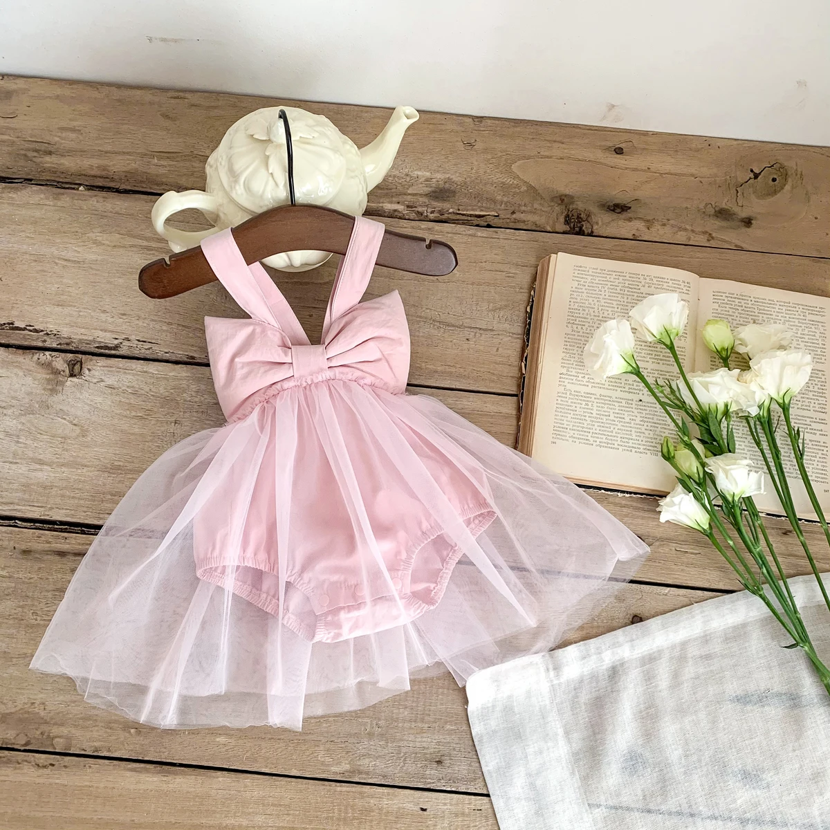 0-2 Years Old Baby Girls INS Ballet Romper Mesh Dress Big Bow Tie Jumpsuit Cute Kids Bodysuit Fashion Clothes