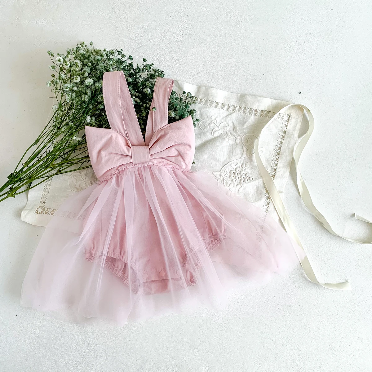 0-2 Years Old Baby Girls INS Ballet Romper Mesh Dress Big Bow Tie Jumpsuit Cute Kids Bodysuit Fashion Clothes