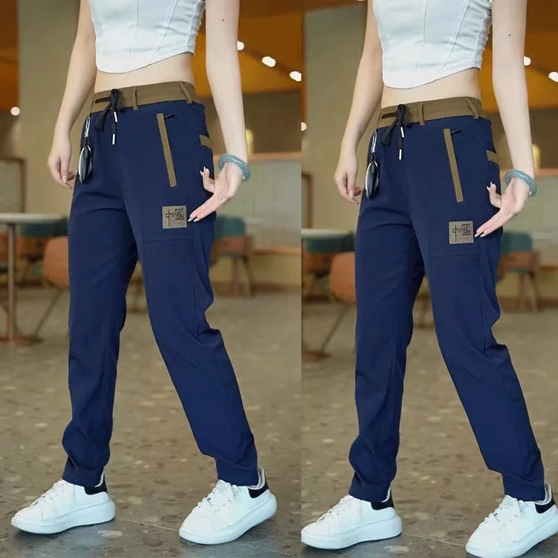 New Chinese Style Casual Mens Pants Summer Ice Silk Mid-Waist Elastic Straight Trousers Confortable Breathable Sports Pants