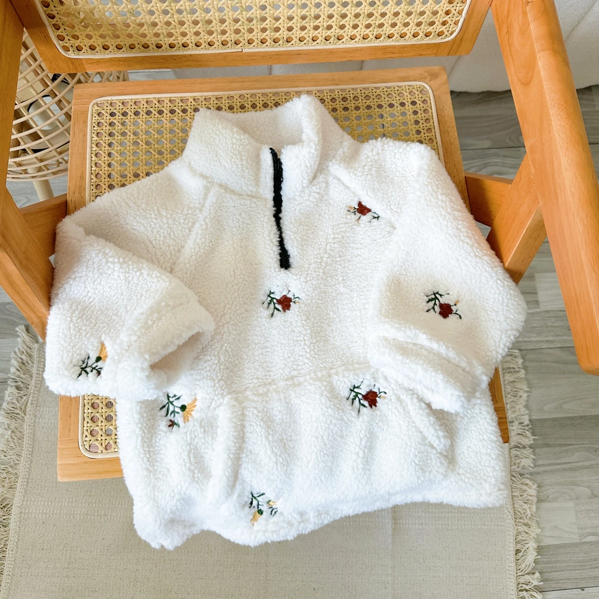 New Baby Girls Winter Coats Fake Lamb Wool Fur Warm Embroider Zippered Jacket Kids Coat Jackets Children Clothes Overcoats